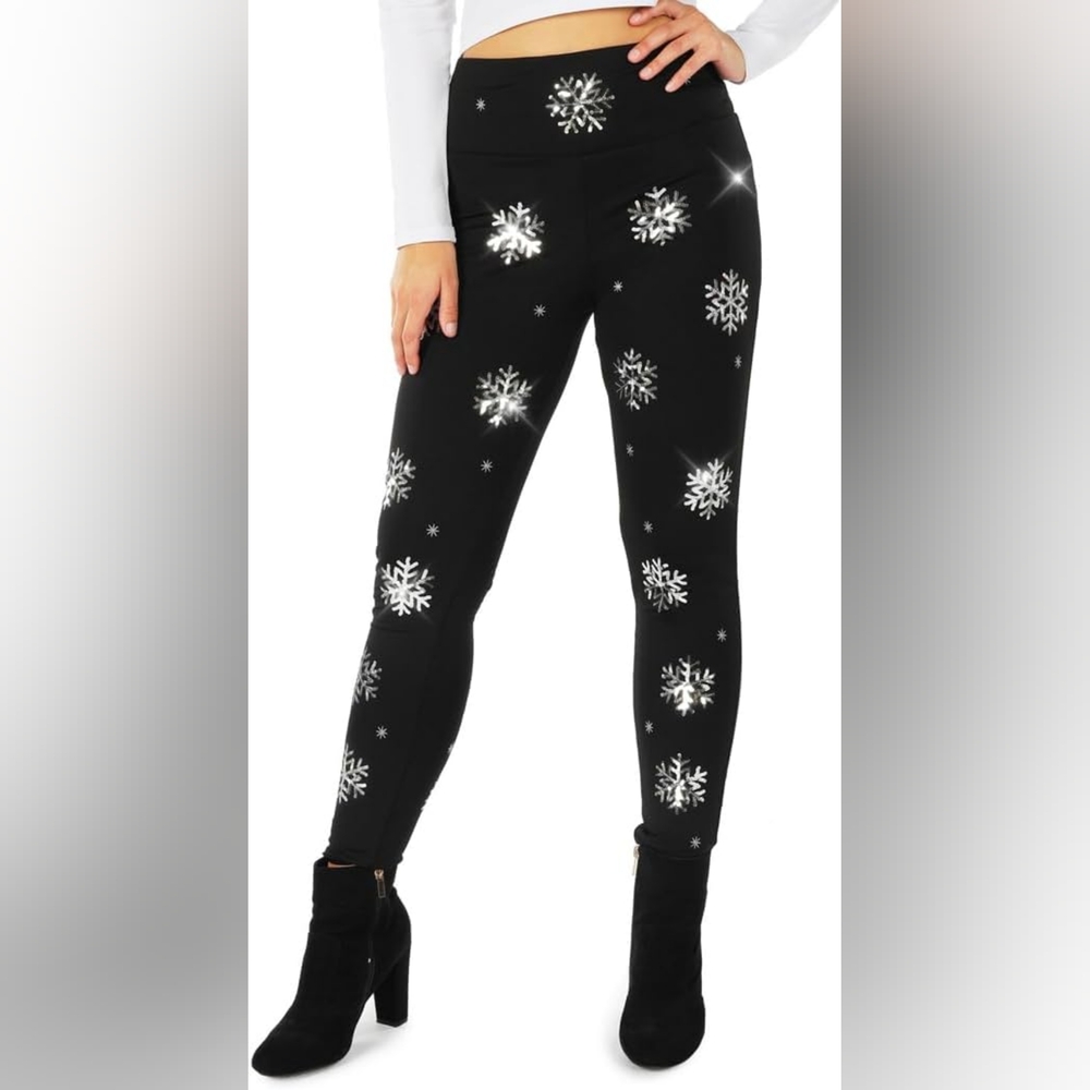 NWT Tipsyelves Silver Sequin Snowflake Black Leggings Size Large